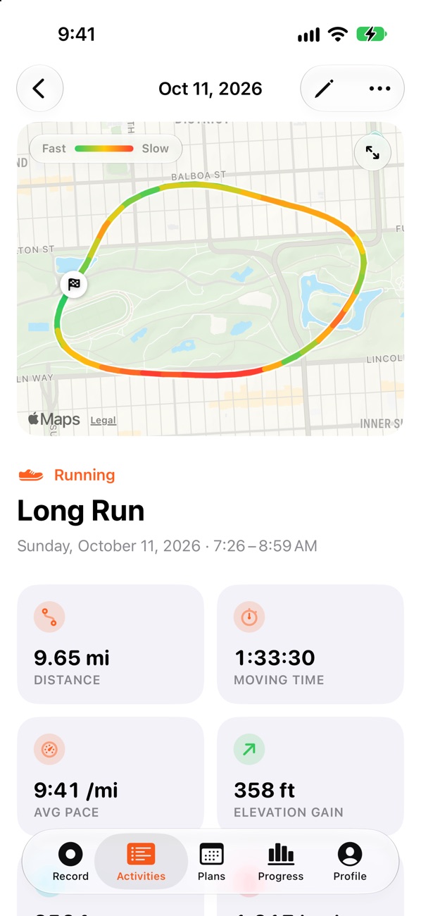 Activity detail with a route colored by pace