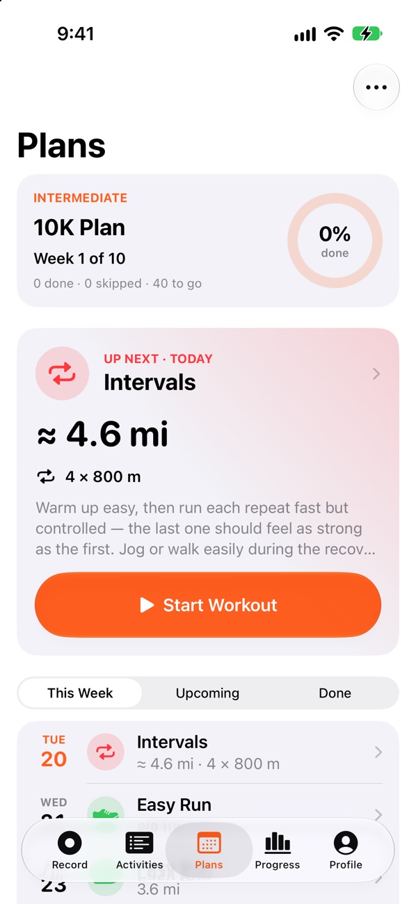 Training plan with the next workout