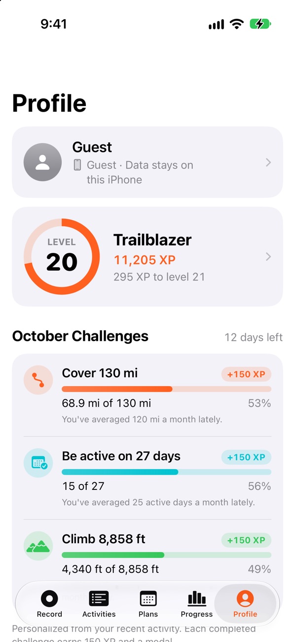 Profile with level, XP and monthly challenges